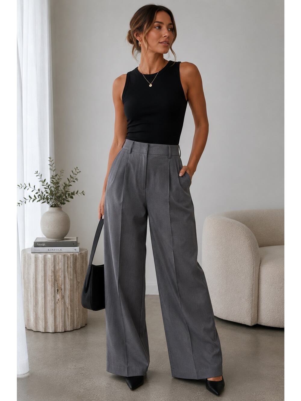 Lioness Mulholland Wide Leg Trousers XXL Slate High Rise Relaxed Tailored Pants